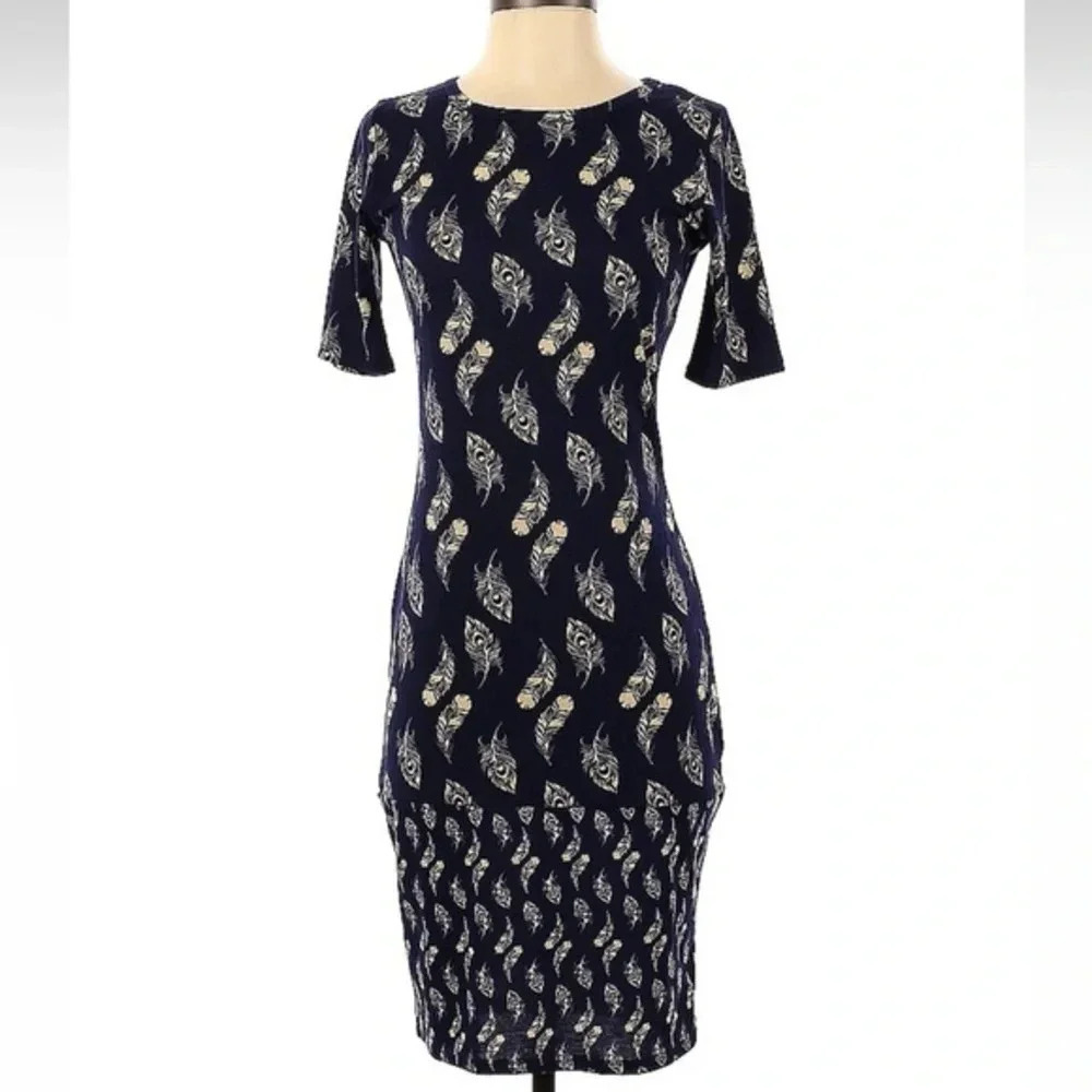 LuLaRoe Fitted Julia Midi Dress Navy Yellow Feathers Aztec Southwestern Size XS